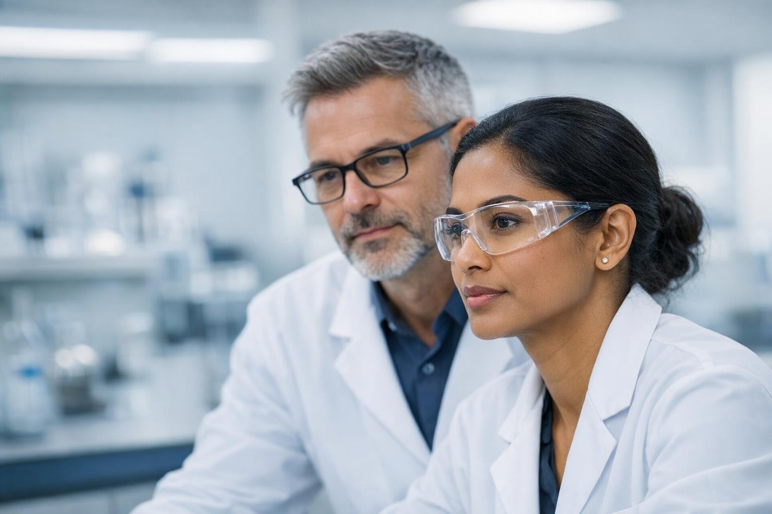 Two scientists in a laboratory, reviewing analytical output on a monitor